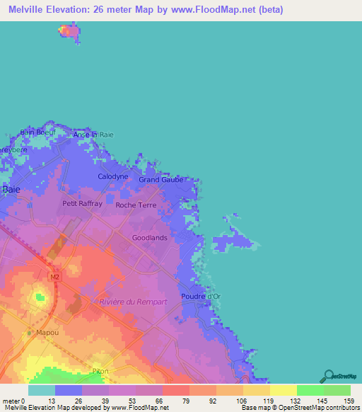 Melville,Mauritius Elevation Map