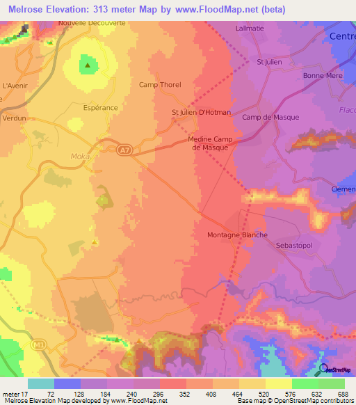 Melrose,Mauritius Elevation Map