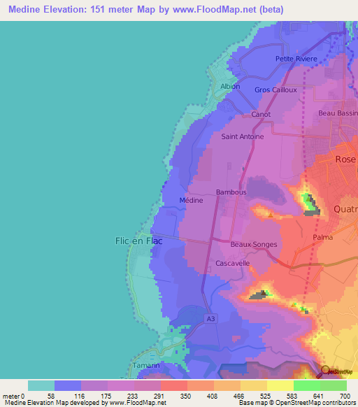 Medine,Mauritius Elevation Map