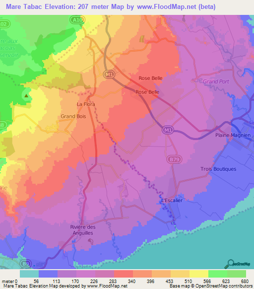 Mare Tabac,Mauritius Elevation Map