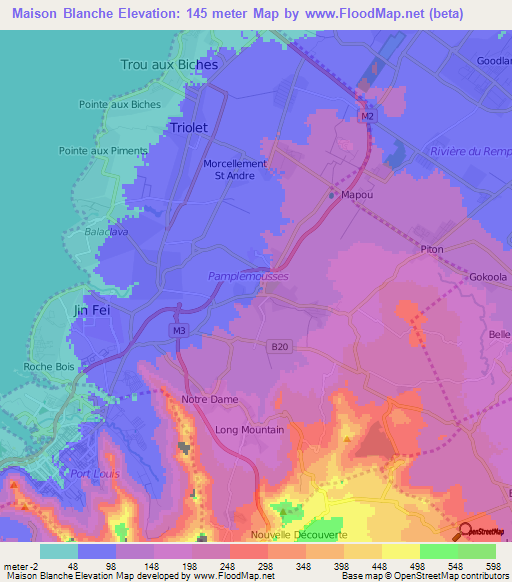 Maison Blanche,Mauritius Elevation Map