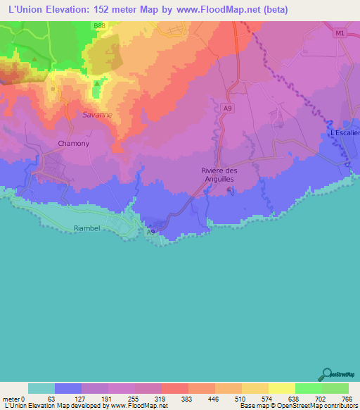 L'Union,Mauritius Elevation Map