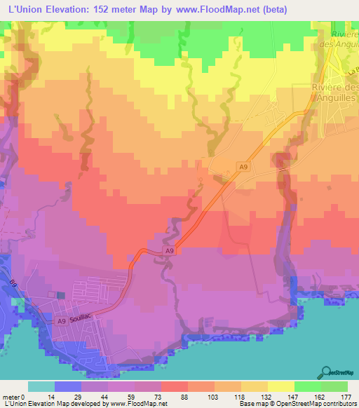 L'Union,Mauritius Elevation Map