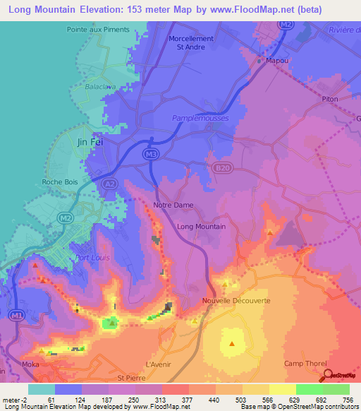 Long Mountain,Mauritius Elevation Map