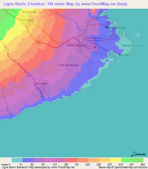 Ligne Barrin,Mauritius Elevation Map