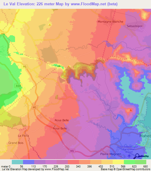 Le Val,Mauritius Elevation Map