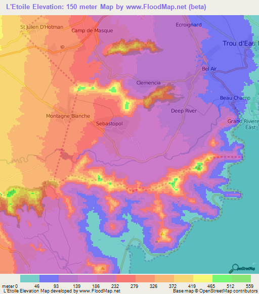 L'Etoile,Mauritius Elevation Map