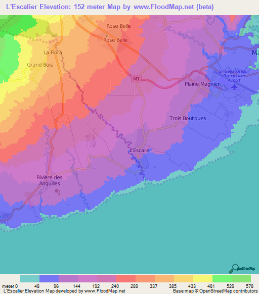 L'Escalier,Mauritius Elevation Map