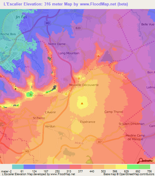L'Escalier,Mauritius Elevation Map