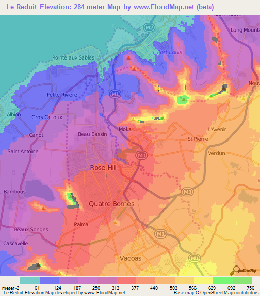 Le Reduit,Mauritius Elevation Map