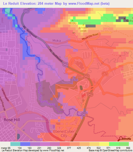 Le Reduit,Mauritius Elevation Map