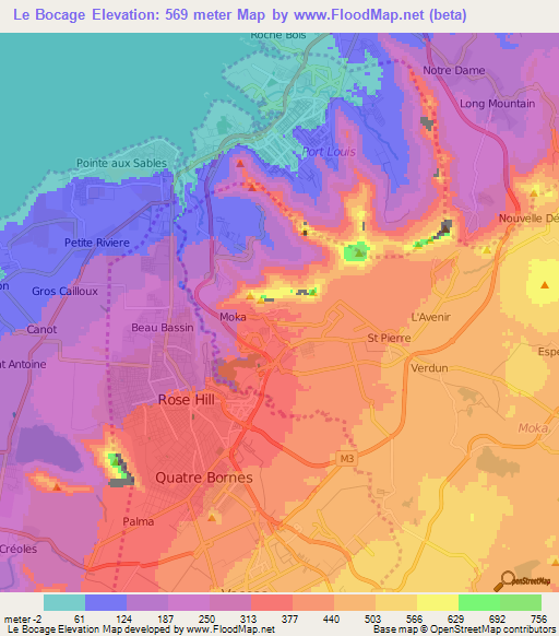 Le Bocage,Mauritius Elevation Map