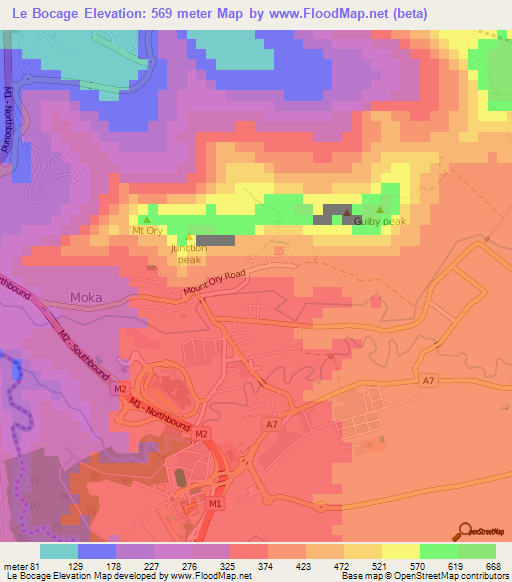 Le Bocage,Mauritius Elevation Map