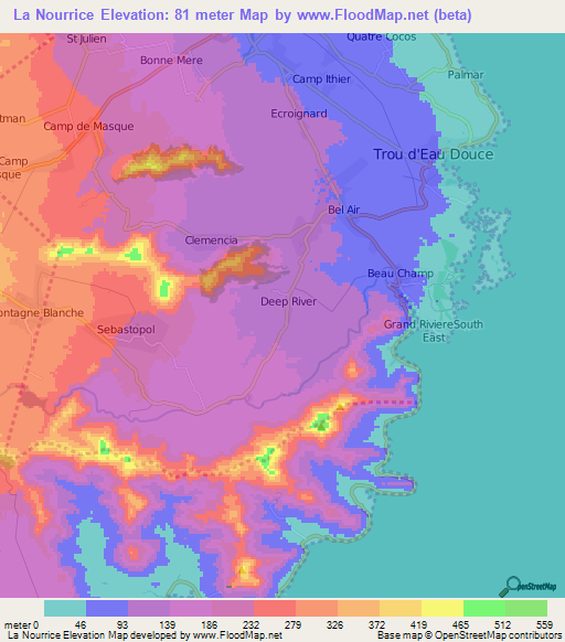 La Nourrice,Mauritius Elevation Map