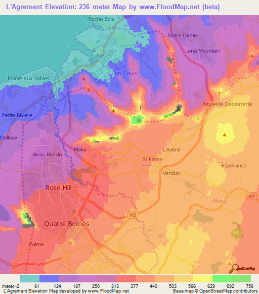 L'Agrement,Mauritius Elevation Map