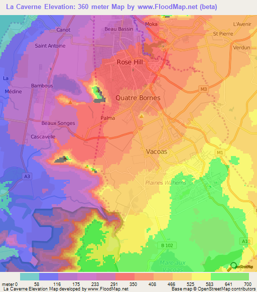 La Caverne,Mauritius Elevation Map