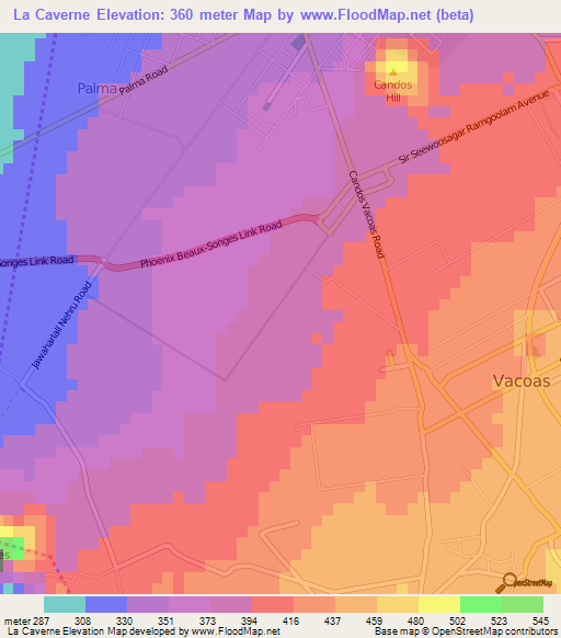 La Caverne,Mauritius Elevation Map