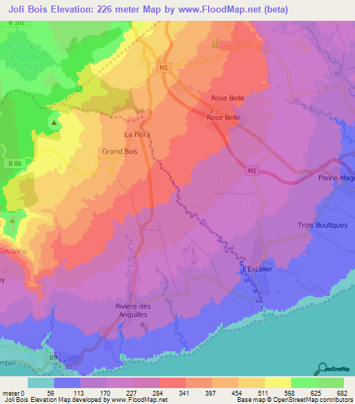Joli Bois,Mauritius Elevation Map