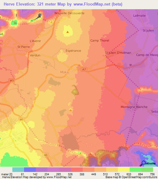 Herve,Mauritius Elevation Map