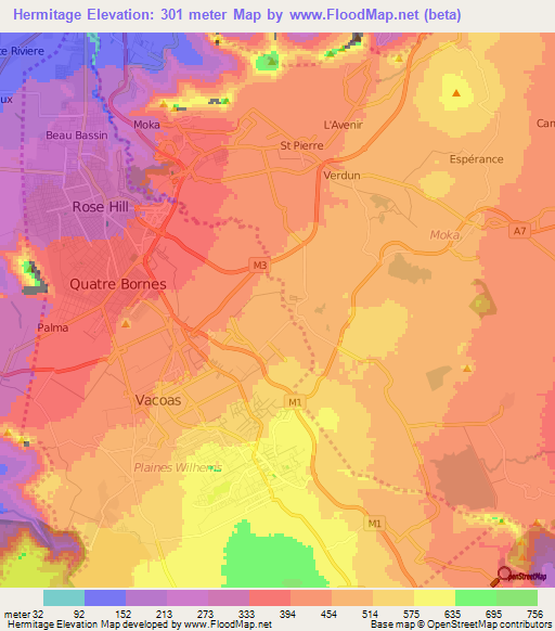Hermitage,Mauritius Elevation Map