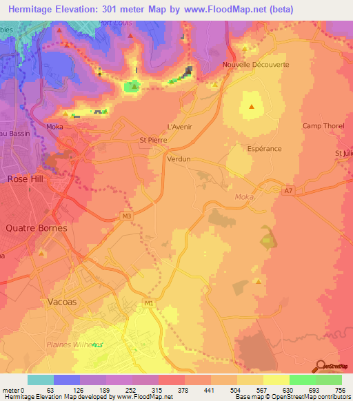 Hermitage,Mauritius Elevation Map