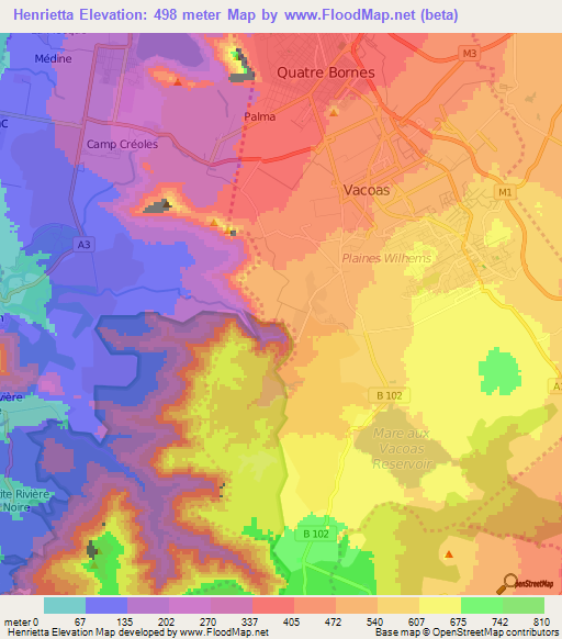 Henrietta,Mauritius Elevation Map