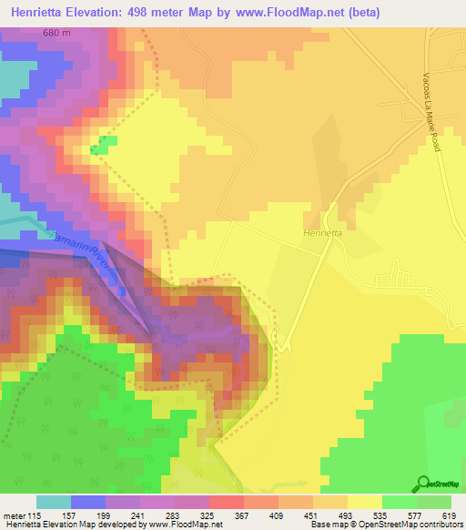 Henrietta,Mauritius Elevation Map