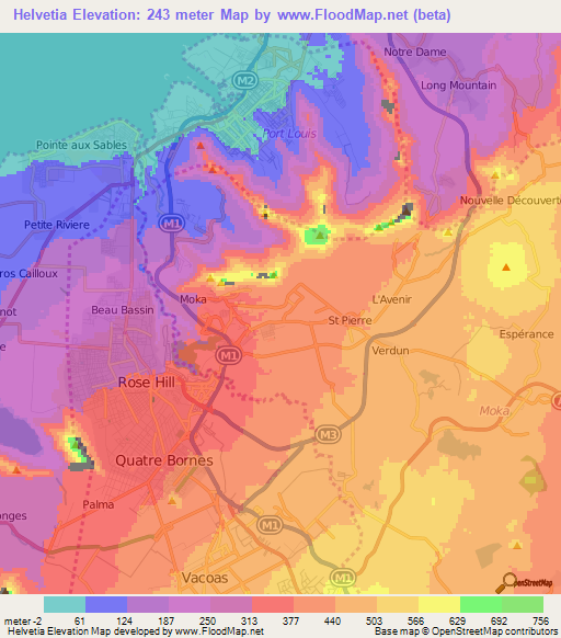 Helvetia,Mauritius Elevation Map