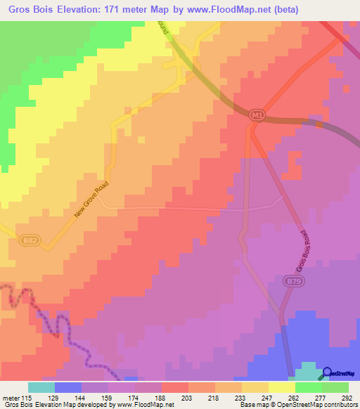 Gros Bois,Mauritius Elevation Map