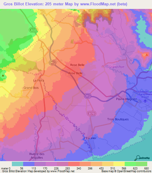 Gros Billot,Mauritius Elevation Map