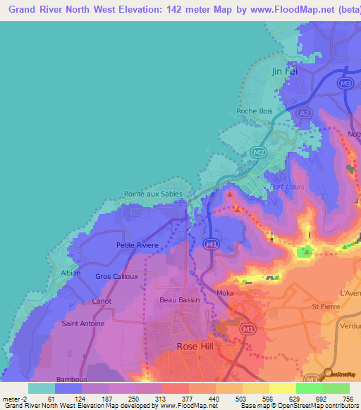Grand River North West,Mauritius Elevation Map