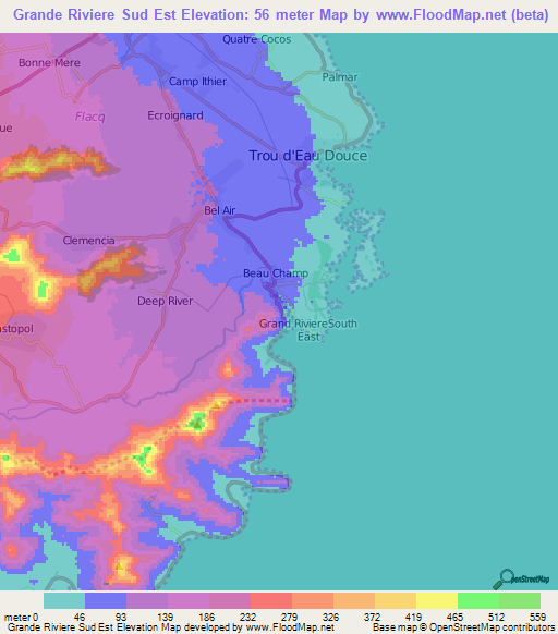 Grande Riviere Sud Est,Mauritius Elevation Map