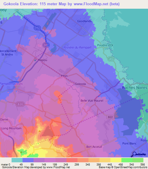 Gokoola,Mauritius Elevation Map