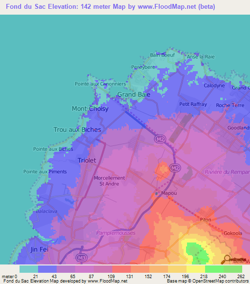 Fond du Sac,Mauritius Elevation Map