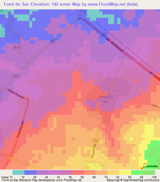 Fond du Sac,Mauritius Elevation Map
