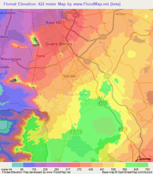 Floreal,Mauritius Elevation Map