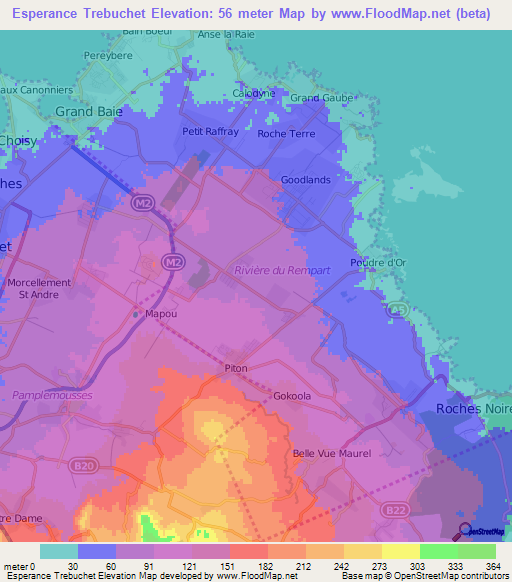 Esperance Trebuchet,Mauritius Elevation Map