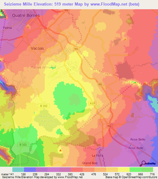 Seizieme Mille,Mauritius Elevation Map