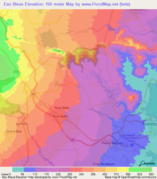 Eau Bleue,Mauritius Elevation Map
