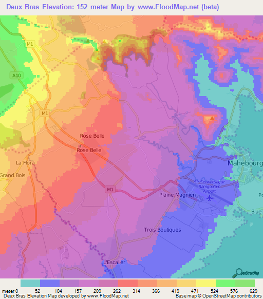 Deux Bras,Mauritius Elevation Map