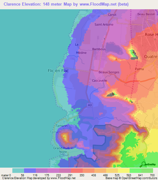 Clarence,Mauritius Elevation Map