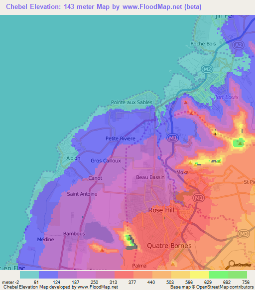 Chebel,Mauritius Elevation Map