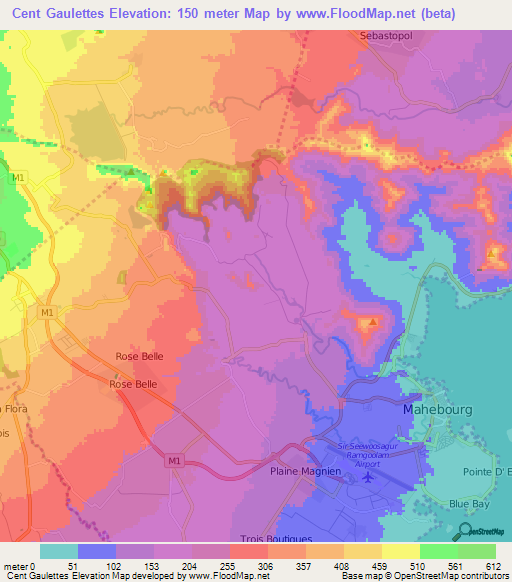 Cent Gaulettes,Mauritius Elevation Map