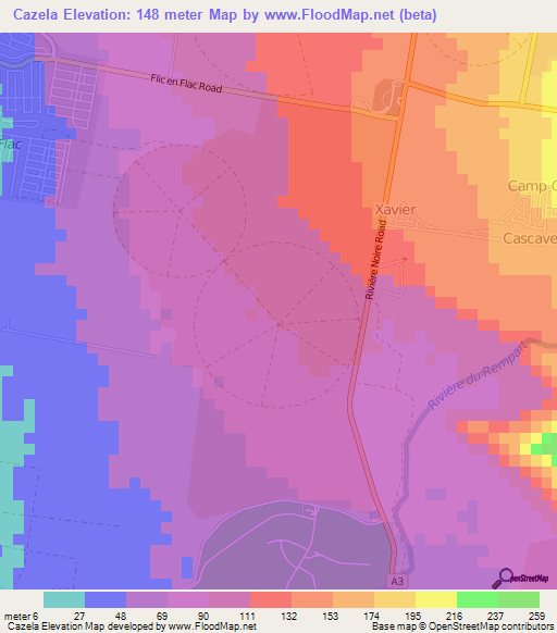 Cazela,Mauritius Elevation Map
