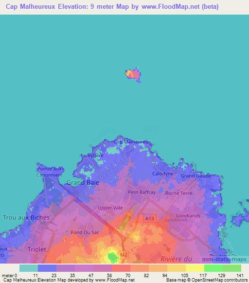 Cap Malheureux,Mauritius Elevation Map