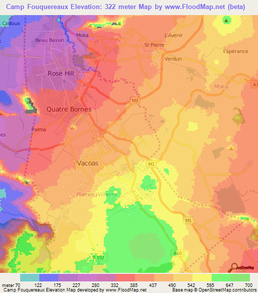 Camp Fouquereaux,Mauritius Elevation Map