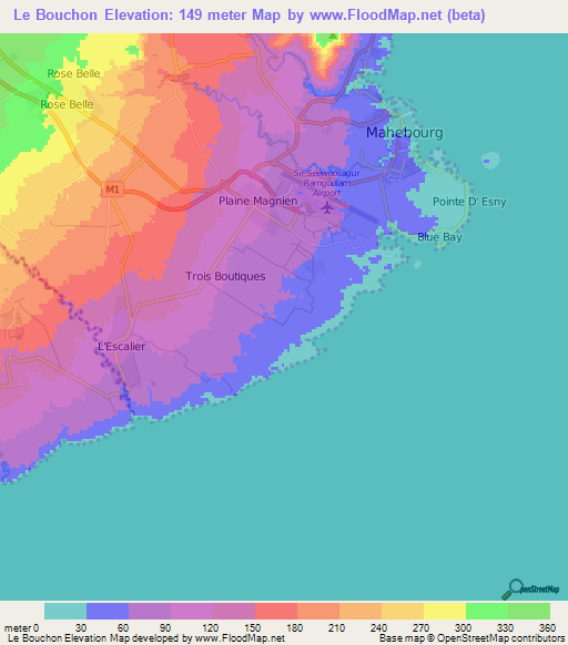 Le Bouchon,Mauritius Elevation Map
