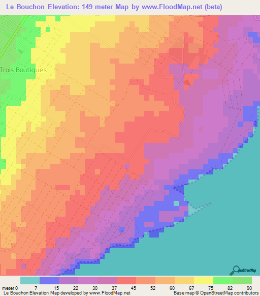 Le Bouchon,Mauritius Elevation Map