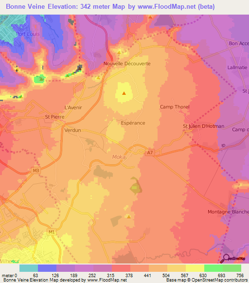 Bonne Veine,Mauritius Elevation Map