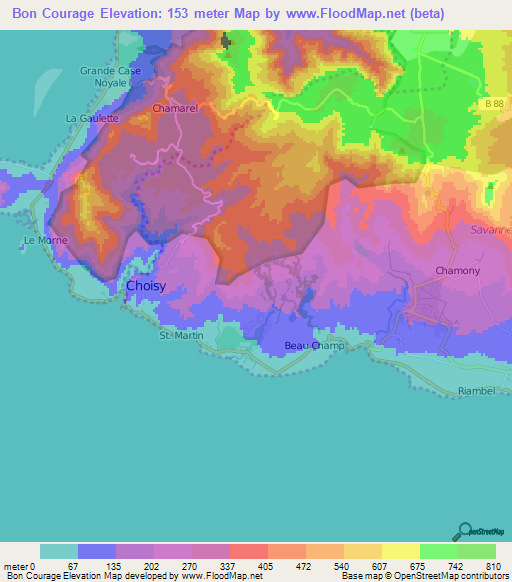 Bon Courage,Mauritius Elevation Map
